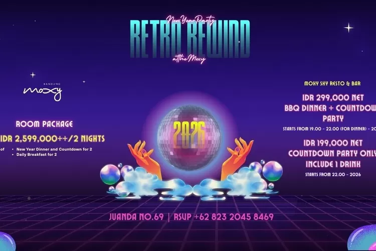 Moxy Bandung hadirkan tema tahun 80-an di malam Tahun Baru 2026.