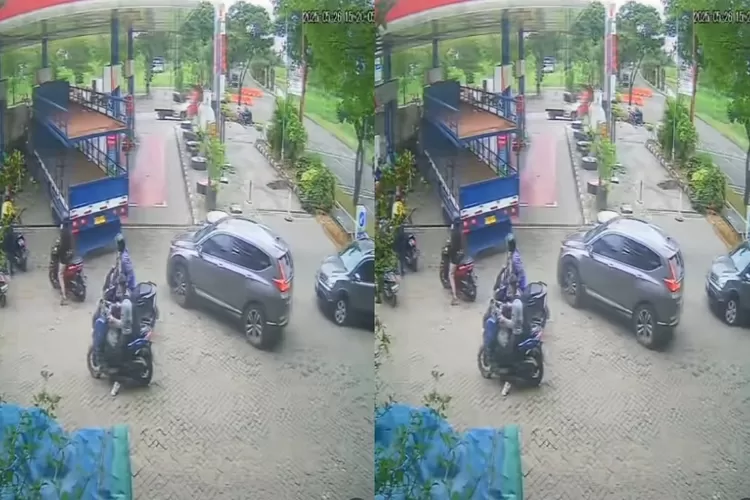Tangkapan layar sebuah truk menyenggol sepeda motor di SPBU di kawasan Harapan Indah. (Instagram/jabodetabek24info)