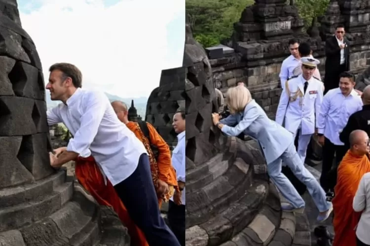 Potret Presiden Macron dan Brigitte Macron menggapai patung Buddha di dalam stupa Candi Borobudur. (Instagram/sekretariat.kabinet)