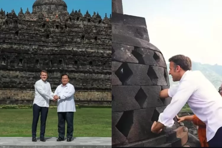 Potret momen Presiden Macron di Candi Borobudur bersama Presiden Prabowo. (Kolase Instagram/prabowo - emmanuelmacron)