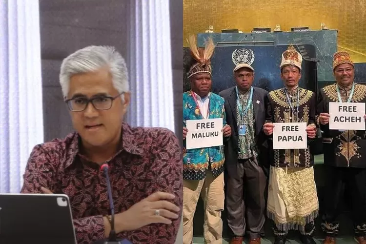 Juru Bicara Kemlu RI, Roy Soemirat (kiri) dan potret oknum aksi &lsquo;Free Papua-Maluku&rsquo; (kanan). (YouTube.com / MoFA Indonesia - X.com/@FreeWestPapuaNL)