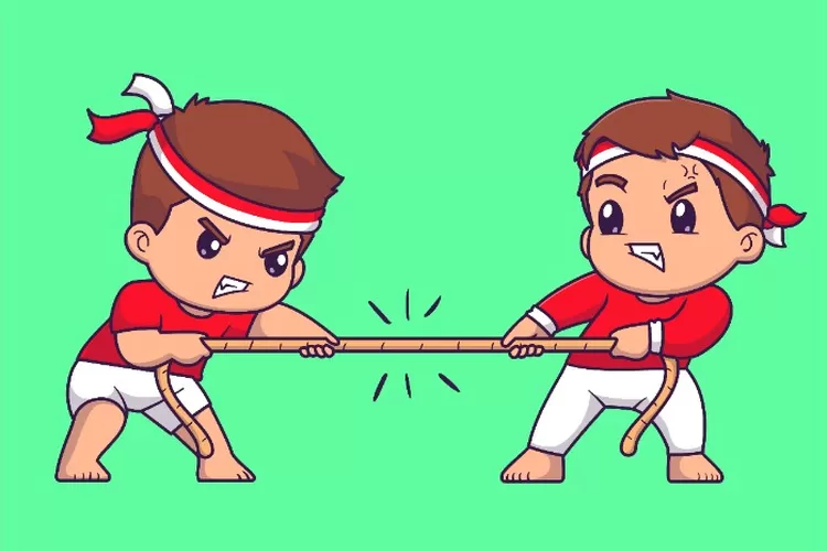 Ilustrasi tradisi tarik tambang yang ikonik menjadi perlombaan warga Indonesia di momen Kemerdekaan RI. (Freepik.com/CatalyStuff)