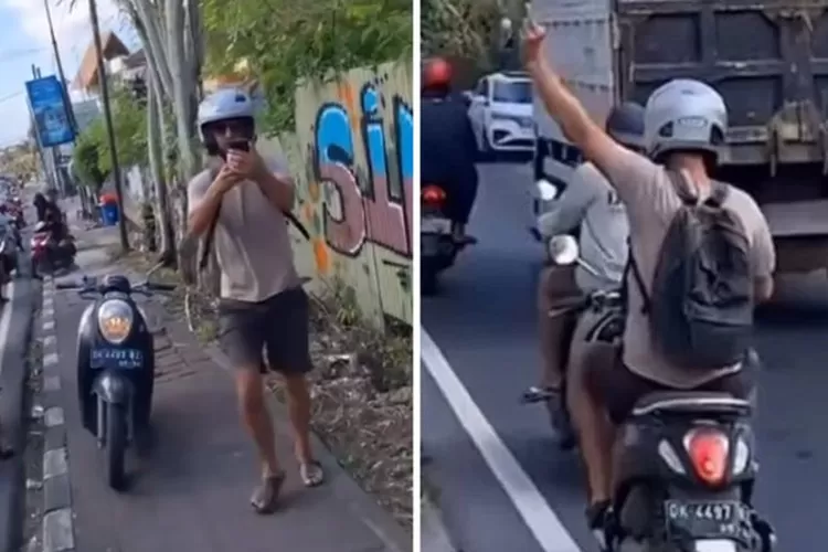 Seorang wisatawan mancanegara (bule) di Bali kembali membuat ulah dengan nekat mengendarai motor di atas trotoar.  (kolase foto)