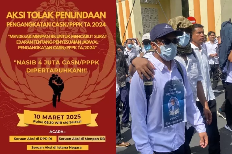 Potret poster aksi CASN dan PPPK di Jakarta (kiri), dan peserta unjuk rasa yang mendesak MenPAN RB cabut edaran &lsquo;tunda pengangkatan&rsquo; (kanan). (X.com / @RafialN - @Indosaiya)