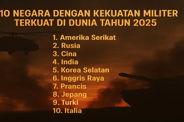 (Ilustrasi) 10 Negara dengan Kekuatan Militer Terbesar di Dunia Tahun 2025 berdasarkan data Global Fire Power. Diurutkan dari peringkat pertama hingga kesepuluh, negara-negara tersebut adalah Amerika Serikat, Rusia, Cina, India, Korea Selatan, Inggris, Prancis, Jepang, Turki, dan Italia. (1st)