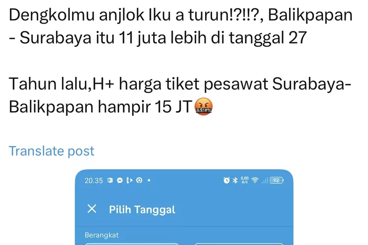 Netizen mengeluhkan kenaikan harga tiket pesawat terbang menjelang lebaran Idul Fitri 2025 yang naik drastis. (Tangkap layar X hati berdebu)