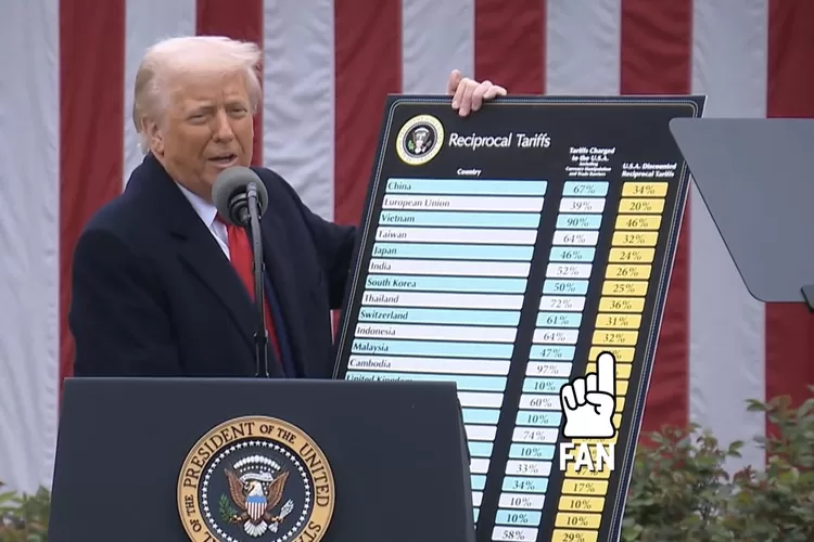 Presiden AS Donald Trump saat mengumumkan pengenaan tarif dagang terhadap i negara termasuk Indonesia. (X Feyber)