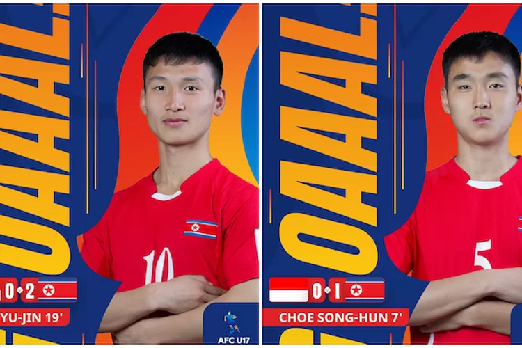 Choe Song-hun dan Korut Kim Yu-jin berhasil mencetak gol ke gawang Indonesia pada babak pertama Piala Asia U17 pada Senin (14/4) di Jeddah, Arab Saudi. (AFC)