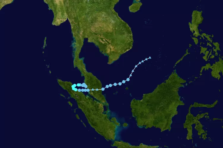 Peta yang menunjukkan jalur perjalanan siklon Senyar yang menerjang bagian barat pulau Sumatera, semenanjung Malaysia dan Thailand selatan. (Wikipedia)