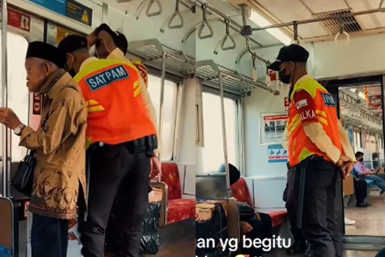 Viral security KRL jaga kakek yang sedang tidur agar tak kelewatan stasiun dapat pujian netizen. (Tiktok/melaniheidi28)