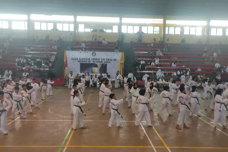  Suasana ujian kenaikan tingkat yang dilaksanakan Pengkab Taekwondo Indonesia (TI) Kendal di GOR Bahurekso Minggu 26 november 2023. (edi prayitno/kontributor Kendal)