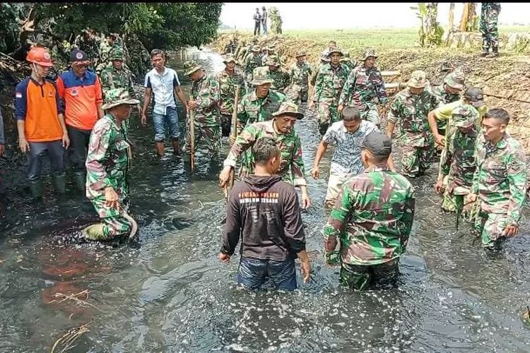 Komandan Kodim 0736 Batang Letkol Inf Ahmad Alam Budiman saat memilin langsunh pembersihan aliran sungai di Kecamatan Kandeman.  (Foto: Muslihun kontributor Batang.)