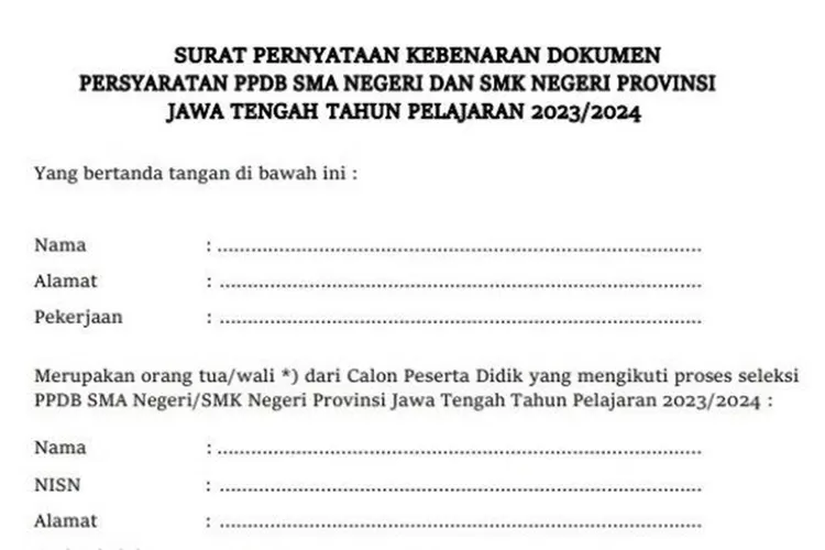 Susunan Surat Penyataan Orang Tua untuk Syarat Daftar PPDB Jateng 2024 (ppdb.jatengprov.go.id)