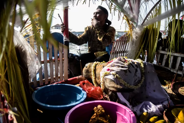 Salah seorang nelayan sedang menunggu sesaji kepala kerbau untuk sedekah laut di Tambak Lorok Semarang. Tradisi ini untuk pengharapan keselamatan dan limpangan tangkapan ikan  (Ayosemarang.com Audrian Firhannusa)