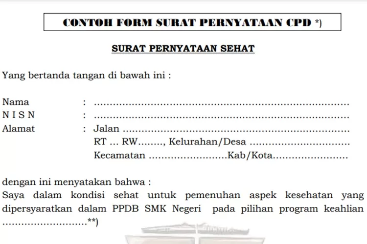 Contoh Format Surat Pernyataan Sehat Daftar PPDB Jateng 2024 Khusus SMK (berkas.siap-ppdb.com)