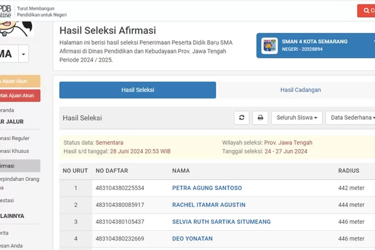 Hasil Seleksi PPDB Jateng 2024 SMA dan SMK (ppdb.jatengprov.go.id)