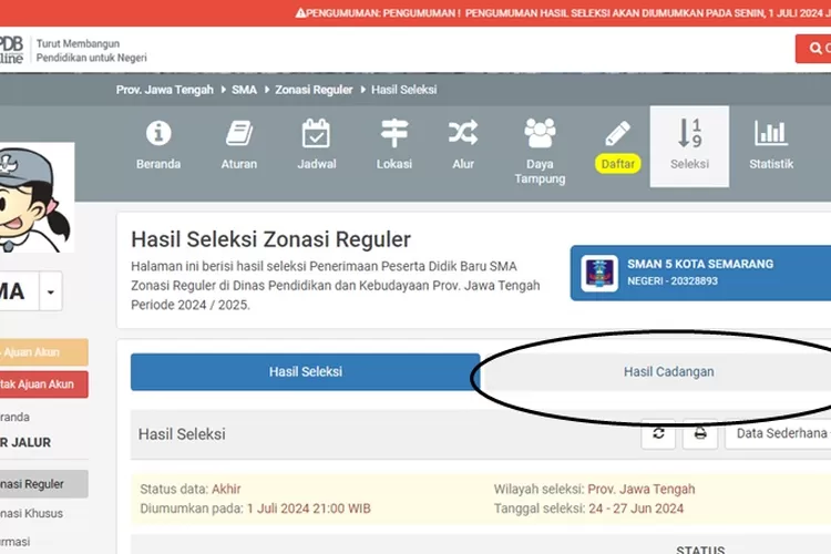 Cara Cek Daftar Siswa Cadangan PPDB Jateng 2024 SMA dan SMK (ppdb.jatengprov.go.id)