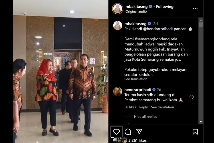 Momen kebersamaan dan kedekatan Hendi-Ita mendapat reaksi positif dari warganet.  (dok)