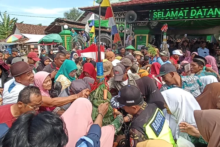 Warga berebut gunungan hasil bumi dalam kirab budaya Desa Pekuncen Pegandon rabu 10 Juli 2024.  (edi prayitno/kontributor Kendal)