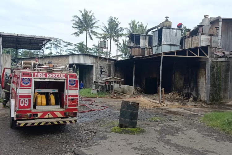 Petugas Damkar berjibaku memadamkan api yang membakar tungku pabrik pengolahan kayi di Pagersari Patean Jumat 20 desember 2024.  (edi prayitno/kontributor Kendal)