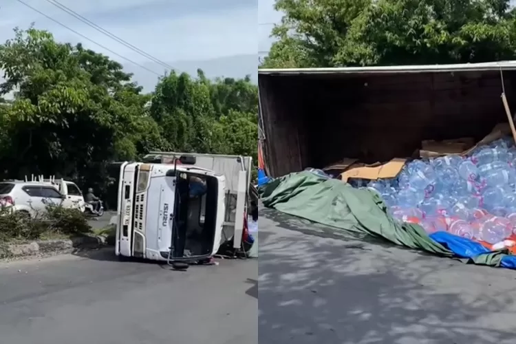 Truk pengangkut galon yang terguling di Ngaliyan semarang. (Instagram @infokejadiansemarang)