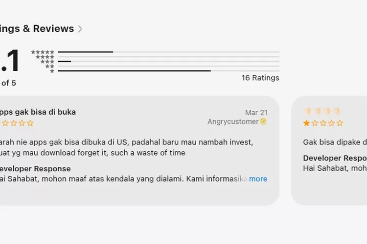 Tangkapan layar ulasan buruk pengguna aplikasi TRING! Pegadaian di App Store. (Foto: Apple Store)