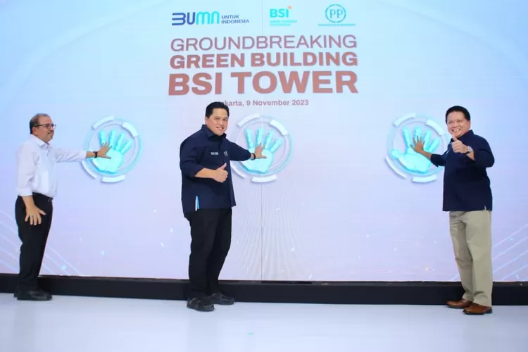 Menteri Erick Thohir dan Dirut BSI Hery Gunardi saat peresmian groundbreaking Green Building BSI Tower di Jakarta, 9&nbsp;November&nbsp;2023 (Ist )