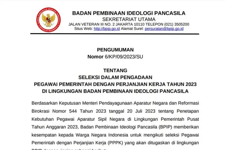 Lowongan PPPK 2023 BPIP jabatan pranata komputer untuk penyandang disabilitas (tangkap layar surat pengumuman BPIP tentang seleksi PPPK 2023)