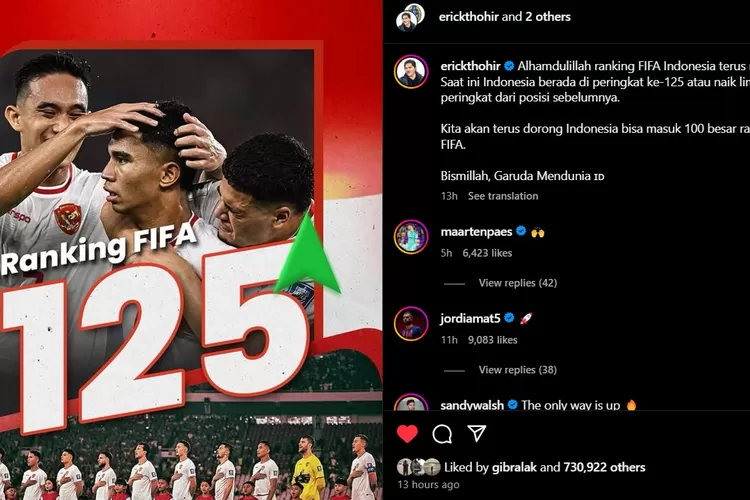 Unggahan Instagram Ketum PSSI Erick Thohir terkait kenaikan peringkat FIFA Timnas Indonesia.