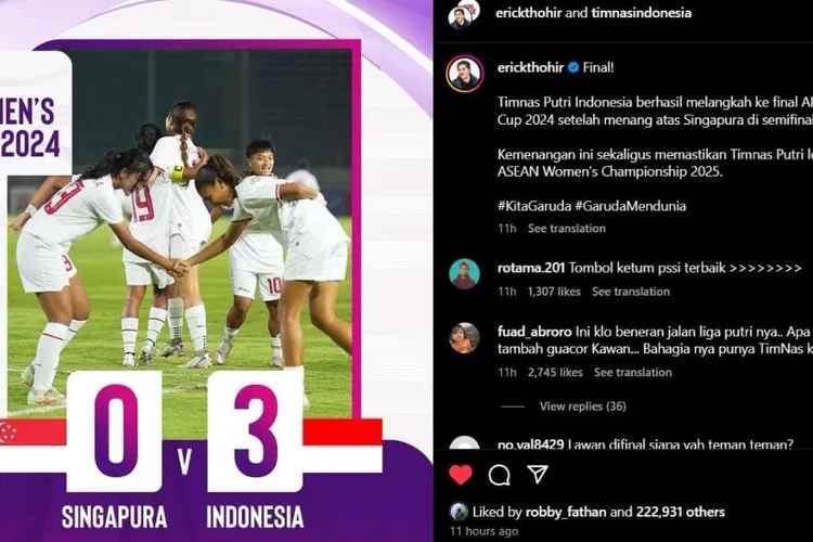 Unggahan Instagram Erick Thohir terkait Timnas Putri Indonesia yang lolos ke final Piala AFF Wanita 2024. 