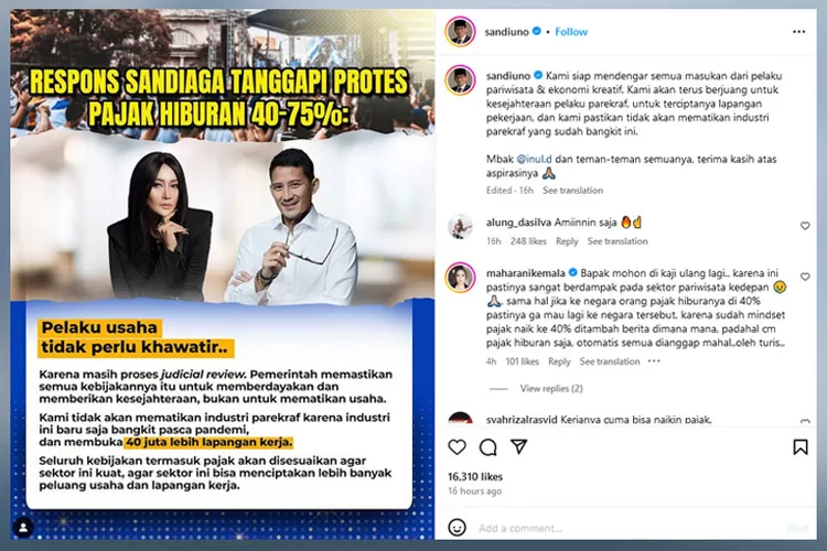 Begini Respon Sandiaga Uno atas Kritik Inul Daratista Soal Pajak Hiburan  akan Naik 40 sampai 75 Persen - Senang Senang