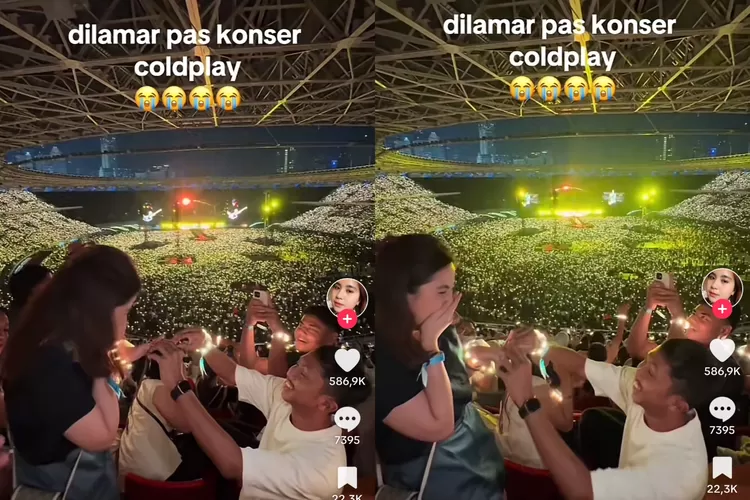 Seorang wanita dilamar sang kekasih di tengah konser Coldplay di Jakarta.  (Sumber: TikTok/@devmesha)