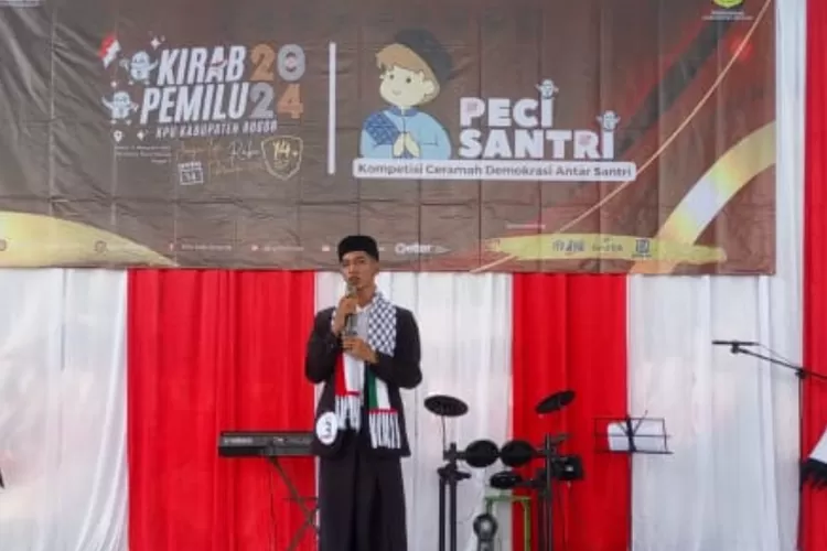 Santri Al Ghiffari Leuwiliang Bogor, Asep Saipuloh tampil dalam lomba ceramah demokrasi yang diselenggarakan KPUD Kabupaten dalam rangkaian agenda kirab pemilu 2024