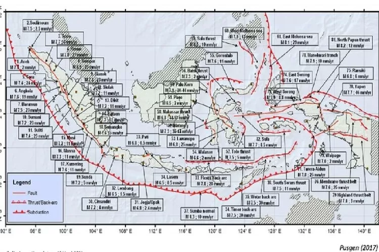 Ilustrasi Lokasi Gempa Megathrust di Indonesia. (Foto/data Pusat Gempa Nasional.)