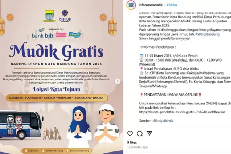Dinas Perhubungan Kota Bandung Buka Pendaftaran Mudik Gratis 2025. (Foto/Tangkap Layar IG @informasimudik.)