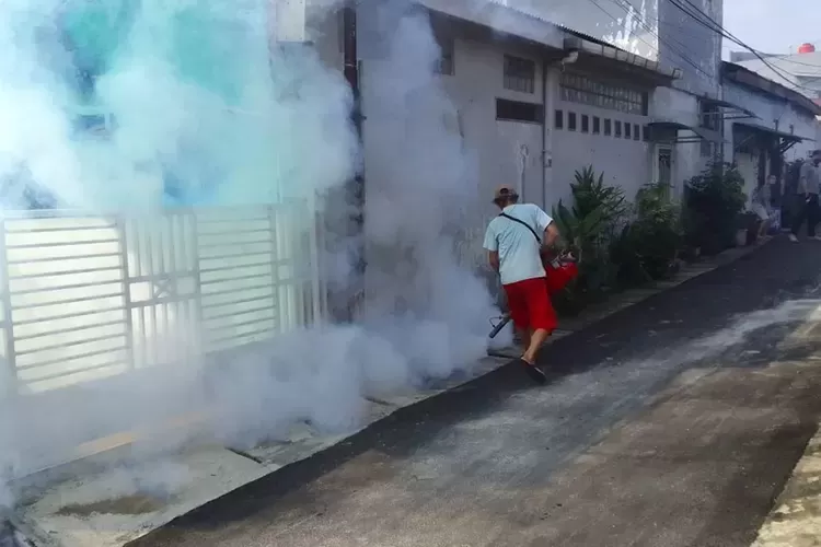 Suasana kegiatan fogging di RW5, Kelurahan Baktijaya, Kecamatan Sukmajaya, Kota Depok untuk mencegah terjadinya DBD. (RADAR DEPOK)