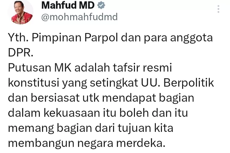 Postingan Mahfud MD soal polemik revisi UU Pilkada. (Tangkapan layar @mohmahdudmd)