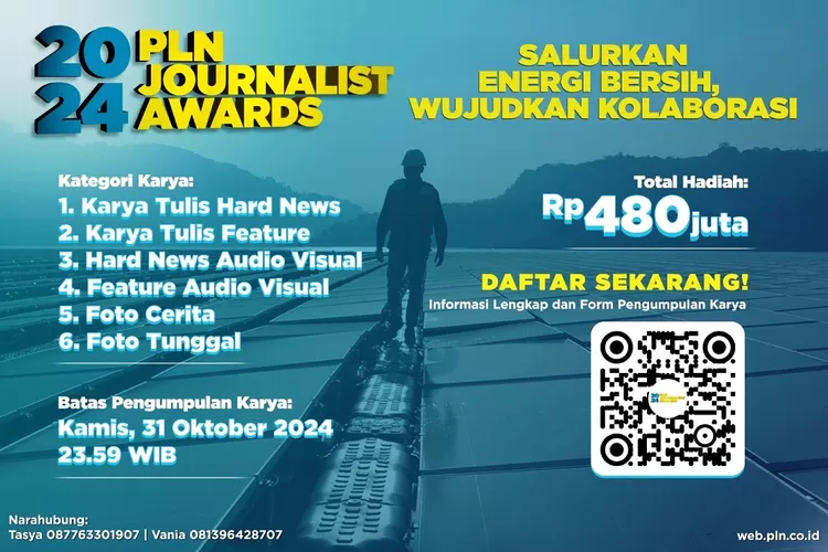 PT PLN mengajak para insan Jurnalis untuk dapat berpartisipasi dalam ajang PLN Journalist Award (PJA) 2024. Mengusung tema "Salurkan Energi Bersih, Wujudkan Kolaborasi", periode pendaftaran PJA 2024 akan ditutup pada 31 Oktober 2024. (ISTIMEWA)