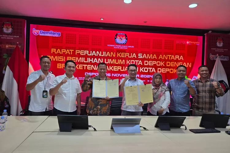 Penandatanganan kerjasama KPU Kota Depok dan BPJS Ketenagakerjaan Depok dalam melindungi petugas jelang Pemilu.  (DOKUMEN BPJS KETENAGAKERJAAN)