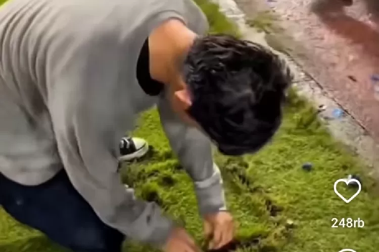 Oknum Bobotoh mengambil rumput Stadion GBLA saat merayakan kemenangan Persib Bandung.