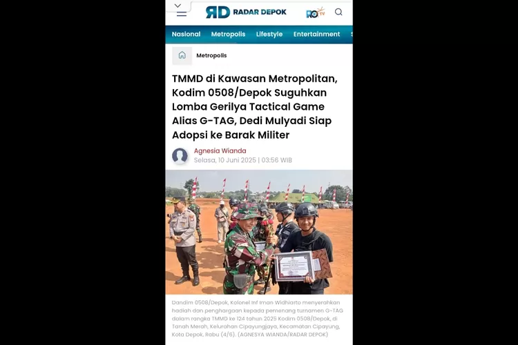 Tangkapan layar pemberitaan Radardepok.com yang berhasil meraih Juara III kategori media online dalam LKJ TMMD ke 124 Tahun 2025. (DOKUMEN RADAR DEPOK)