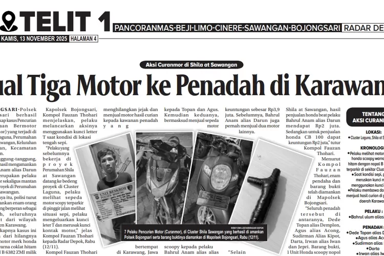 7 Pelaku Pencurian Motor (Curanmor), di Cluster Shila Sawangan yang berhasil di amankan Polsek Bojongsari serta barang buktinya diamankan di Mapolsek Bojongsari, Rabu (12/11). (RISKY DWI LESTARI/RADAR DEPOK)