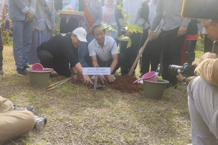 Menteri Lingkungan Hidup Hanif Faisol Nurofiq, dan Pj Bupati Bogor Bachril Bakri saat menanam pohon di SMAN 1 Sukaraja, Kabupaten Bogor pada Kamis, 13 Februari 2025.