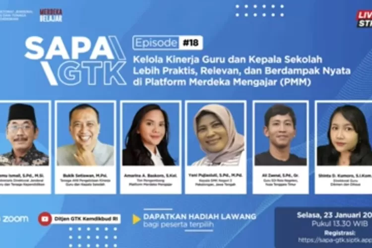 SAPA GTK ditayangkan secara daring melalui kanal YouTube Ditjen GTK Kemdikbud RI ini mengangkat tema &ldquo;Kelola Kinerja Guru dan Kepala Sekolah Lebih Praktis, Relevan, dan Berdampak Nyata di Platform Merdeka Mengajar.&rdquo; (Kemendikbudristek )