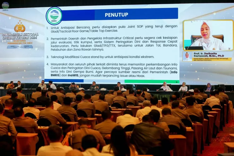 Kepala BMKG Dwikorita Karnawati saat memaparkan kondisi cuaca di Rapat Koordinasi Lintas Sektoral Kesiapan Operasi Ketupat 2024 di Jakarta, Senin (25/3/2024). (BMKG )