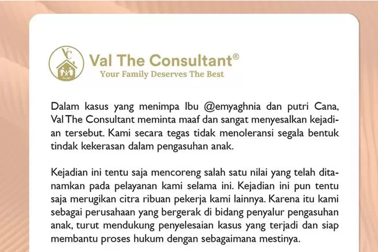Pernyataan maaf manajemen penyalur pengasuh anak selebgram Aghnia Punjabi (Instagram @val_theconsultant)