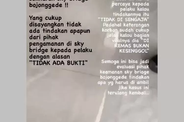 Curhatan pengguna KRL yang menjadi korban pelecehan seksual di Sky Bridge Bojonggede Bogor. (Dok Instagram )