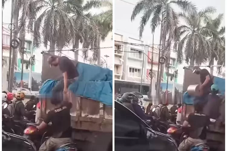 Bajing Loncat Beraksi Curi Barang dari Truk di Tengah Padatnya Lalu Lintas di Cakung, Jakarta Timur (Tankapan layar/ Instagram @fakta.jakarta)