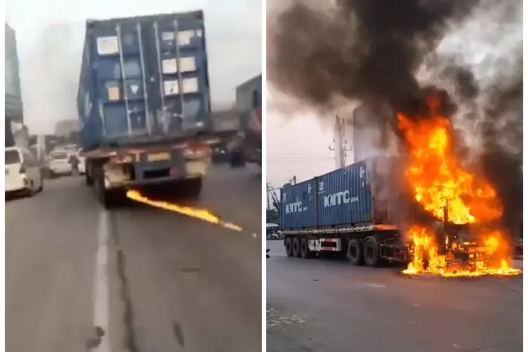 Video warga kejar Truk Kontainer yang diduga Tabrak Lari di Cikande, Banten sebelum akhirnya hangus terbakar (Foto: Kolase X @creepy_room_)