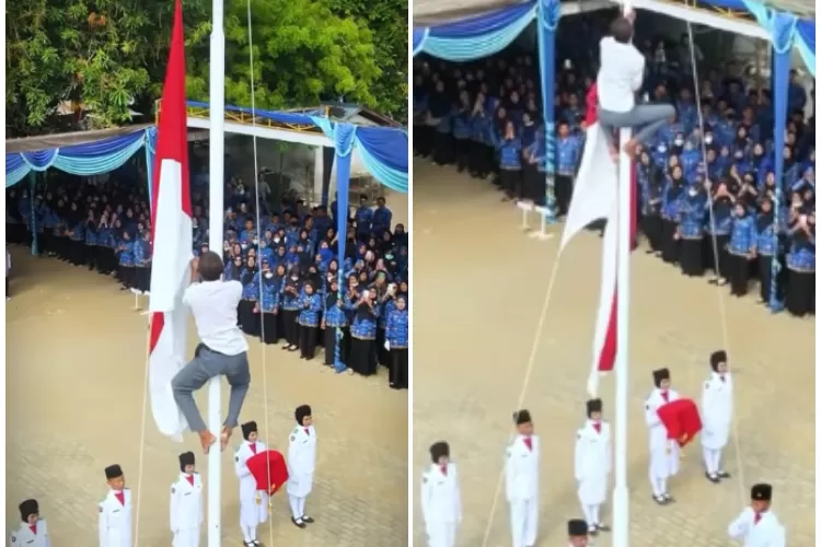 Momen siswa SMA di Pemulutan, Ogan Komering Ilir Panjat tiang bendera saat upacara hari kemerdekaan (Foto: Kolase Instagram @folkshitt)